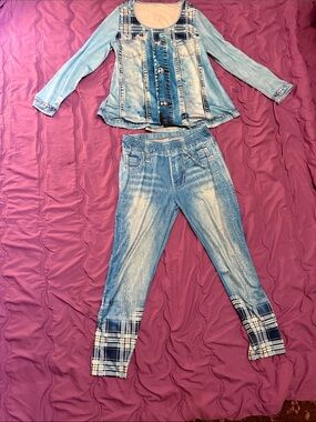 Fashion Nova Blue Denim-Print Pantsuit with Plaid Accents